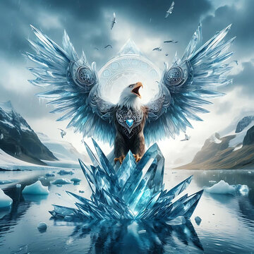3d illustration of an eagle on a blue background with water drops