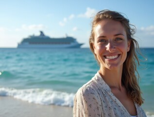 woman by the sea with cruise ship in the background