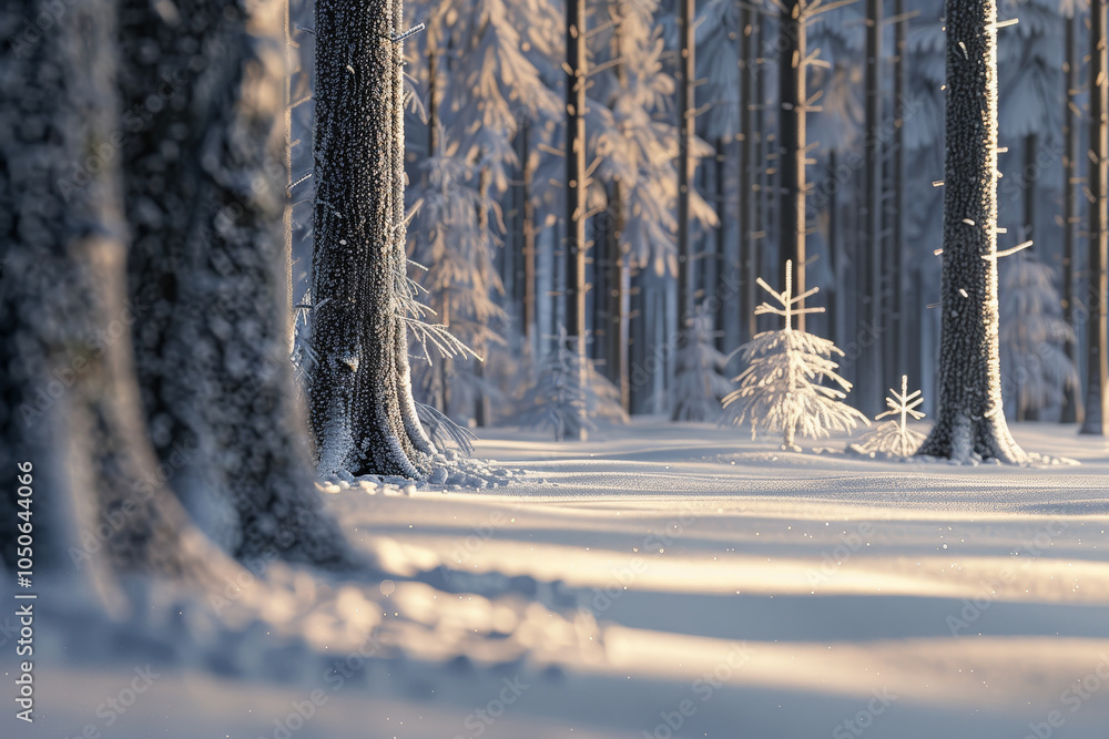 Poster soft sunlight filters through tall trees adorned with fresh snow, creating a serene winter landscape