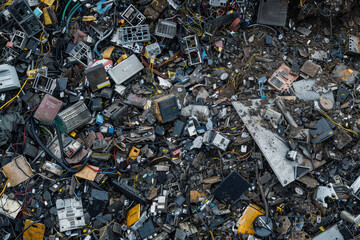 A vast collection of electronic waste is scattered across the ground, featuring broken devices and tangled cables in a recycling area under natural light
