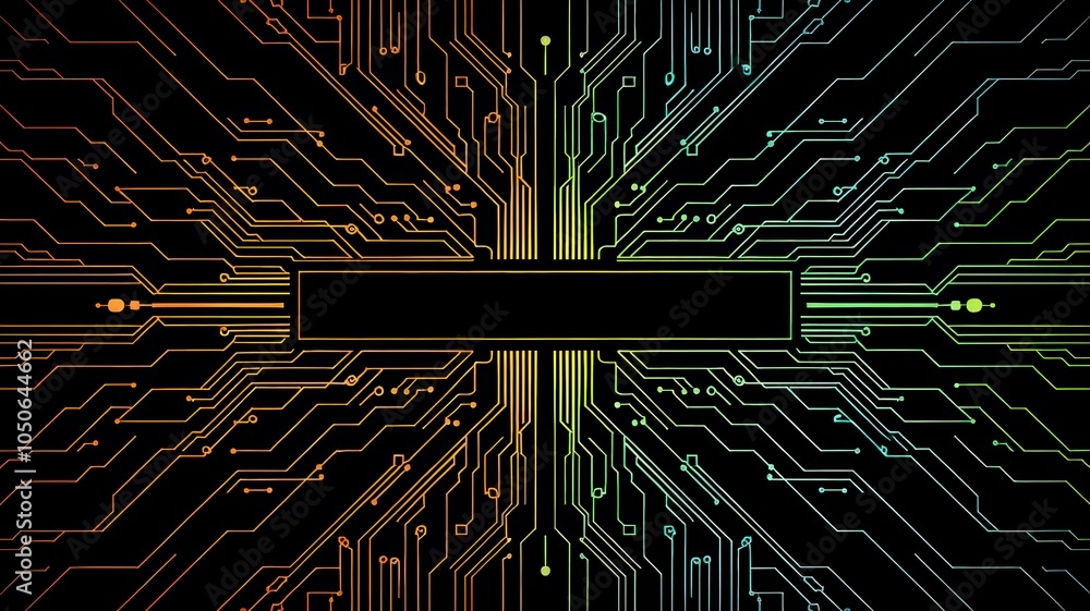 Poster abstract circuit board design with vibrant lines and patterns, black isolated background.