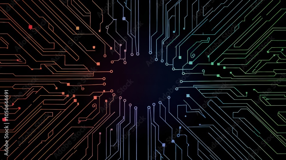 Poster abstract circuit board pattern with vibrant colors on a black background.