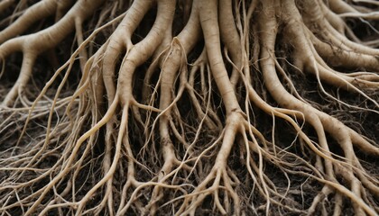 Extreme closeup of fibrous root system with delicate root hairs and soft textures, capturing the moist, earthy details of growth