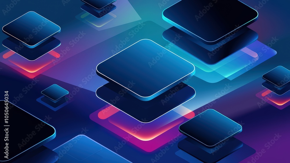 Poster abstract digital design with floating squares in vibrant colors on a dark background.