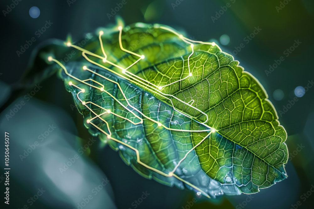 Poster an intricate design of glowing lines spreads across a green leaf, symbolizing the blend of nature an