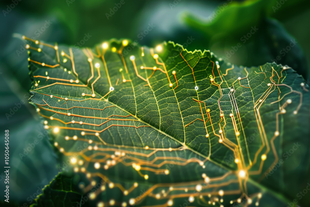 Poster the delicate surface of a leaf features glowing circuit patterns, merging the organic beauty of natu