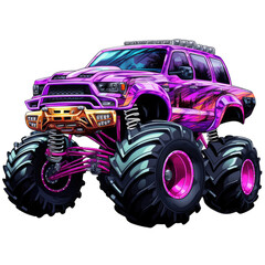 A cartoon monster truck with pink and purple paint