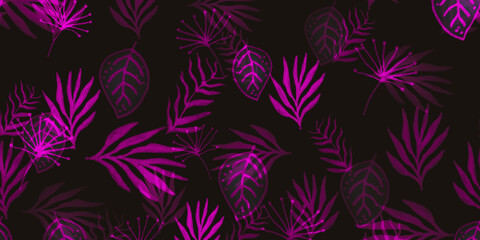 Tropical Banana Trees. Vivid Engraved Botanic. Fashion Tropical Background Plants. Philodendron Leaf. Purple Leaf Wallpaper Jungle. Neon Background Top View.