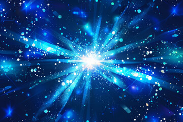 A dynamic burst of blue light radiates outward, creating a mesmerizing visual effect. Sparkling particles enhance the captivating atmosphere in a dark expanse