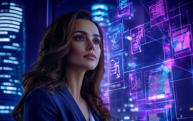 Innovative Female Leader Engaged with Futuristic Technology Icons in a Dynamic Workspace, Emphasizing Collaboration and Modern Solutions in a Bright Environment