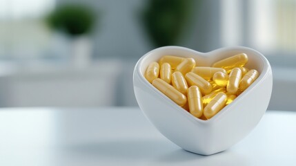 Heart-shaped bowl filled with yellow capsules on a white surface, AI