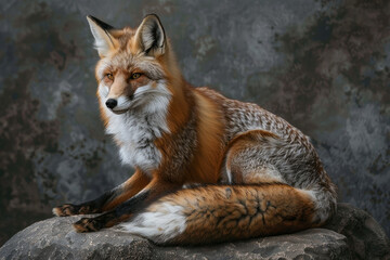 Obraz premium A red fox sits gracefully on a rocky surface, showcasing its vibrant fur and keen gaze. The setting has a muted, natural background that enhances the fox's beauty