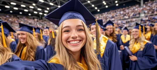 Obraz premium Graduates Celebrating Class of 2024, joyful group capturing a moment of achievement, bright smiles reflecting pride and camaraderie during their graduation celebration