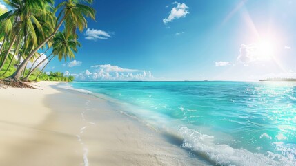 A tropical island paradise with crystal-clear turquoise water and palm trees swaying in the breeze, idyllic setting with bright sunlight, Tropical style