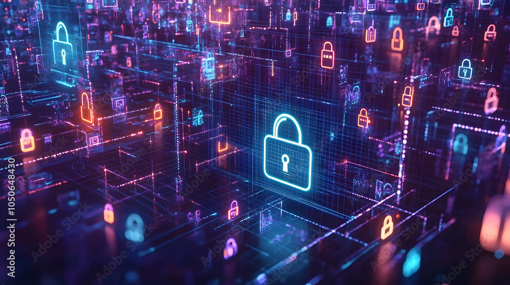 Poster cybersecurity concept global network security technology, business people protect personal informati