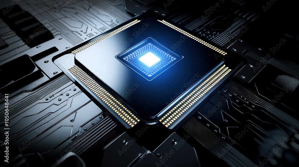 Poster close-up view of a modern microprocessor on a circuit board, dark background.