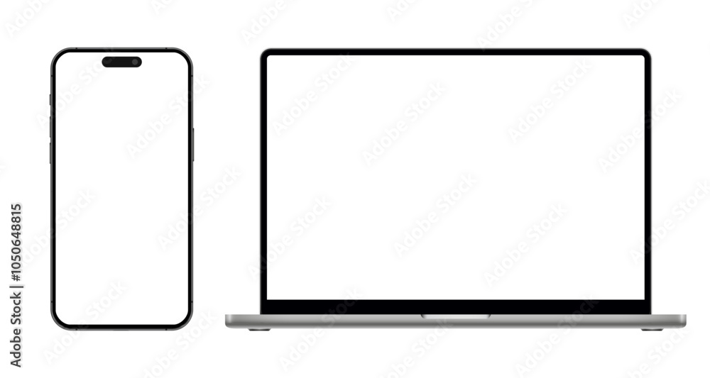 Aufkleber Laptop computer and smartphone with blank screen, modern mobile phone and pc device mockup with empty display for ui, ux, app, website, devices on transparent background