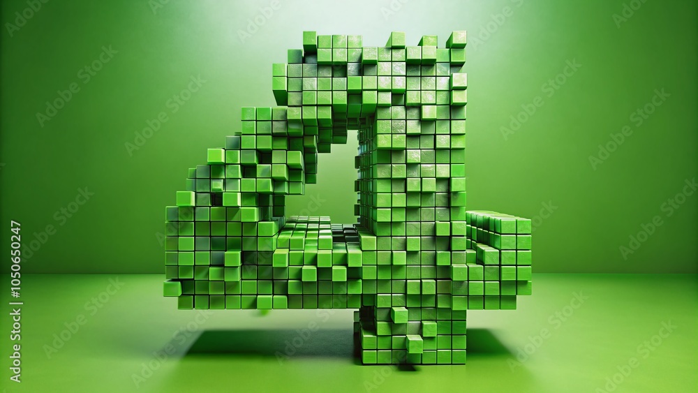 Poster green cube number 4 data block in 3d pixel style for candid photography