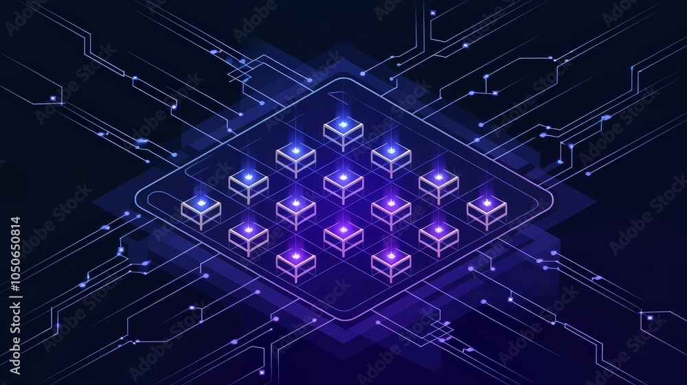 Poster digital circuit board with glowing nodes and connections, futuristic design.