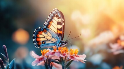 A butterfly perched on a flower, showcasing nature's beauty in a soft, glowing background.