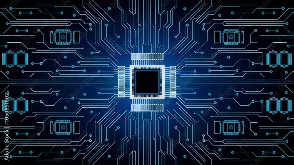Aufkleber futuristic circuit board design with a central processing unit on a dark background.