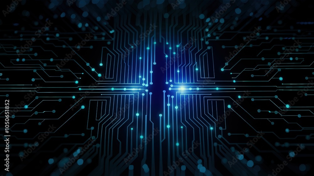 Poster futuristic circuit board with glowing blue lines and nodes on a dark background.