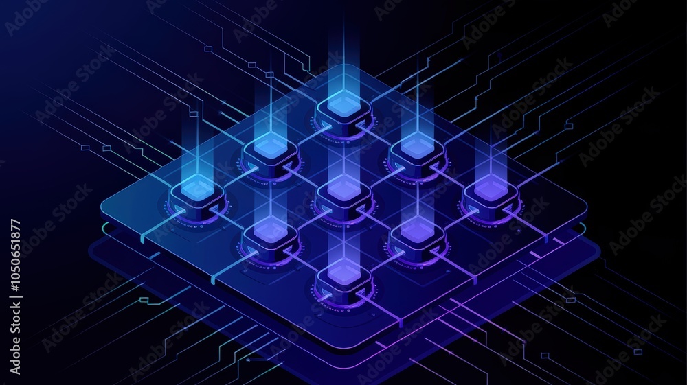 Poster futuristic circuit board with glowing nodes and connections on dark background.