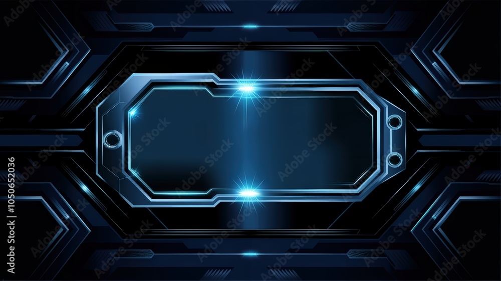 Poster futuristic metallic interface with glowing edges on a dark background