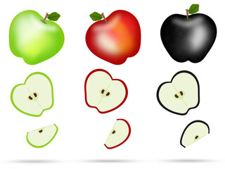 Set of apples vector. Green, red and black. Fruits set isolated on white. Healthy fruits illustration.