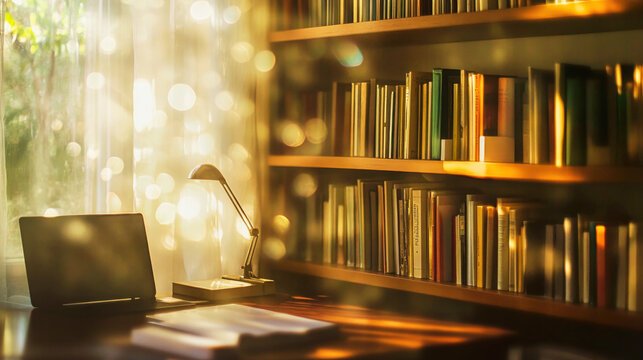 A dreamy blur of a serene home office with bookshelves and a desk softly illuminated by natural light