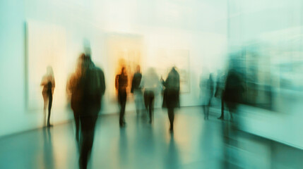 Elegant soft focus interior of an art gallery featuring abstract paintings and visitors exploring the space