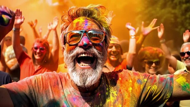 A joyful man in paint. Holi Festival of colors.