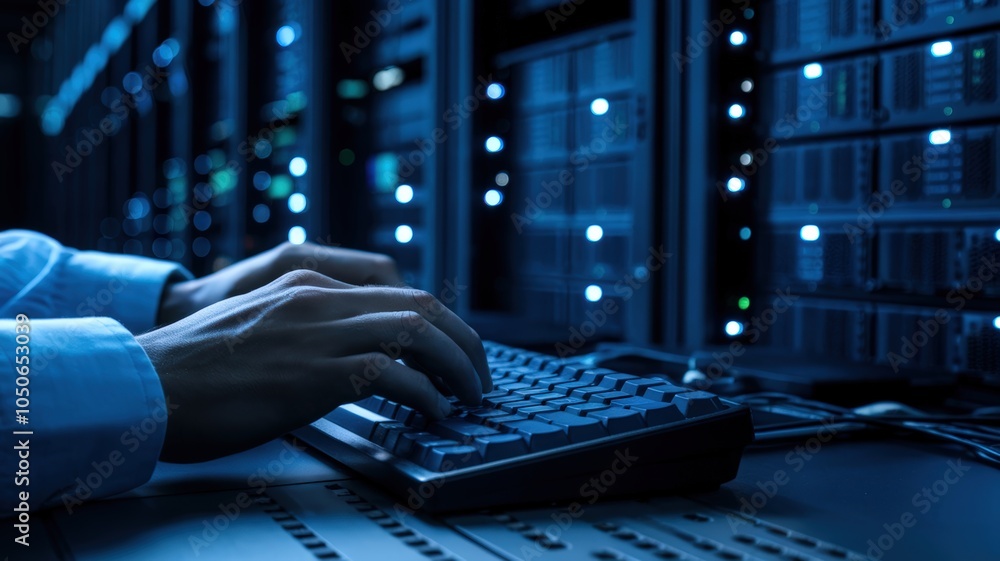 Poster hands typing on a keyboard in a server room with glowing lights, dark ambiance.