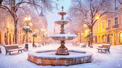 Fototapeta premium A frozen fountain in a snowy city square with benches and trees during a winter snowfall