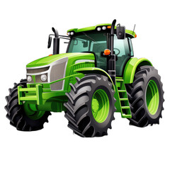 A green tractor with large tires is shown on a white background