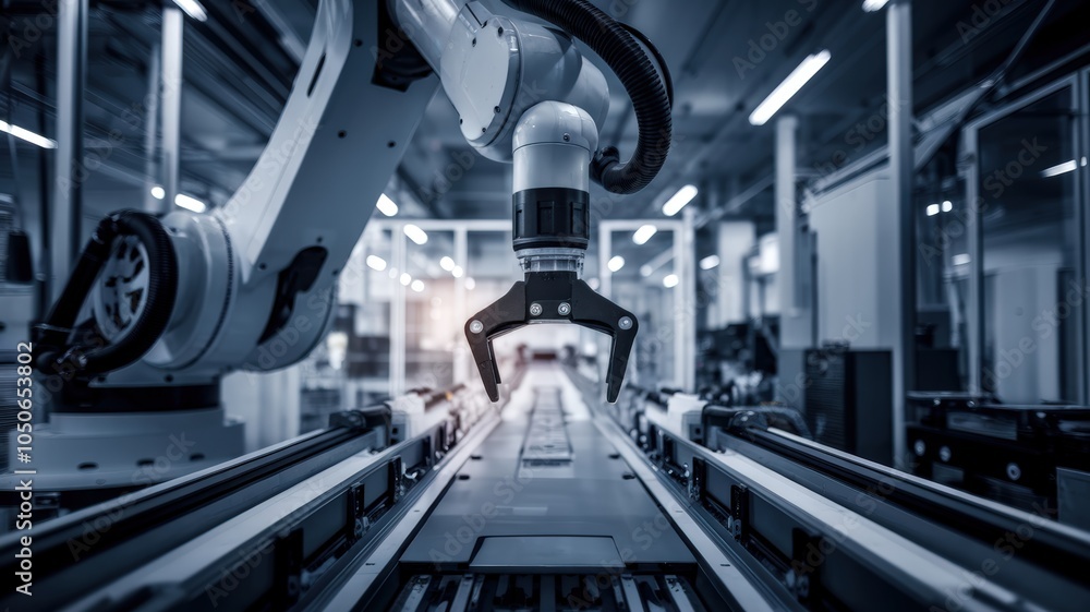 Poster industrial robot arm working on an automated production line.