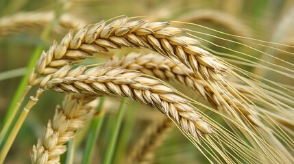 Golden wheat spikelets swaying in sunlit field capturing the abundance of harvest season, ideal for agricultural, rural landscape, and organic farming themes