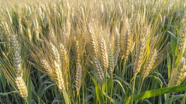 Fototapeta Golden wheat spikelets swaying in sunlit field capturing the abundance of harvest season, ideal for agricultural, rural landscape, and organic farming themes