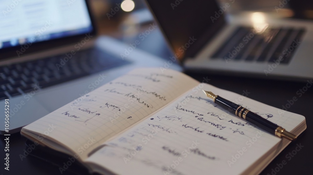 Poster a notebook with handwritten notes beside two laptops on a desk.