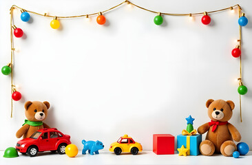 Fototapeta premium frame for text made from colorful kids toys, teddy bear, toy cars, balls, cubes, with golden garland lights, on white Christmas background, festive golden boke