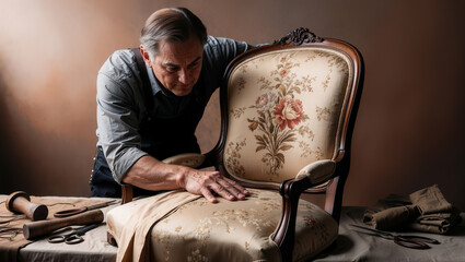 Craftsman upholstering chair with floral fabric in workshop