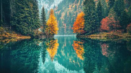 Naklejka premium A tranquil lake reflecting vibrant autumn foliage in a serene forest setting