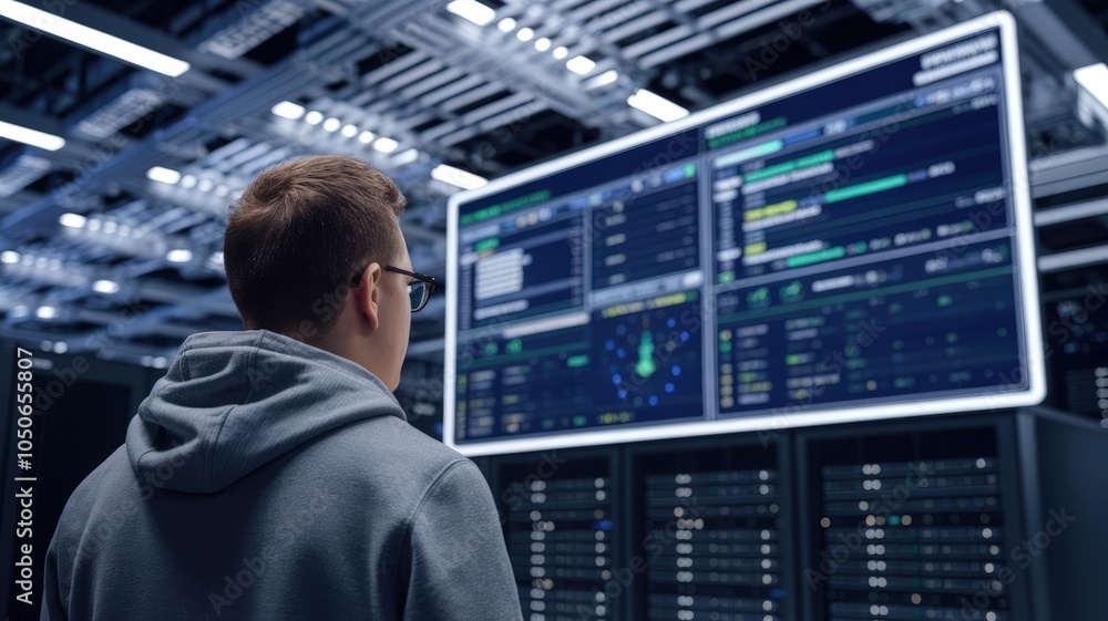 Aufkleber person analyzing data on a high-tech screen in a server room.