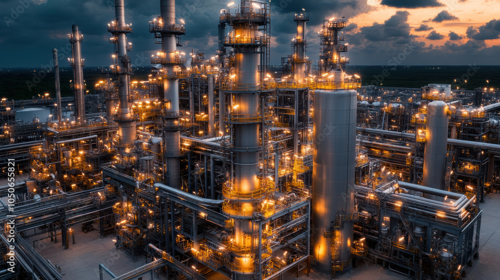 Poster overhead view of refinery pipelines and structures illuminated at dusk