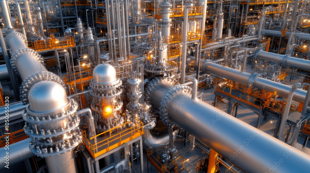 Poster overhead view of refinery pipelines and structures showcasing intricate designs and details