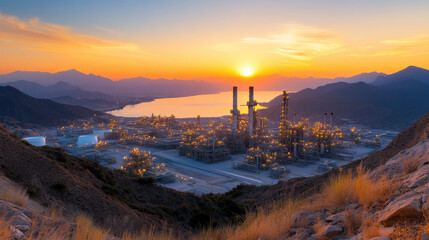 Obraz premium Sunset over sprawling oil refinery with glowing lights and mountains