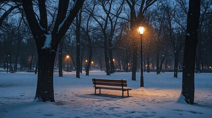 Quiet evening snowfall blankets empty park bench under soft lantern light