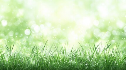 Fototapeta premium Lush green grass with morning dew sparkles under a soft, bokeh-filled background, AI