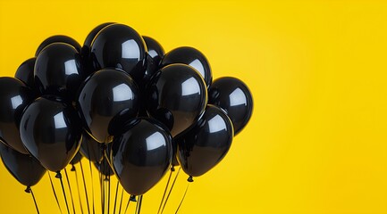 Cluster of black balloons against yellow background. Black Friday or shopping promotion concept. For banner, poster and advertisement