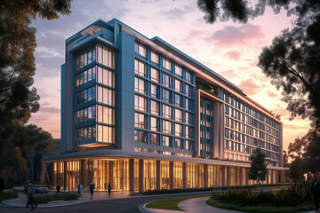Modern hotel building during sunset with reflective glass and lush greenery surrounding